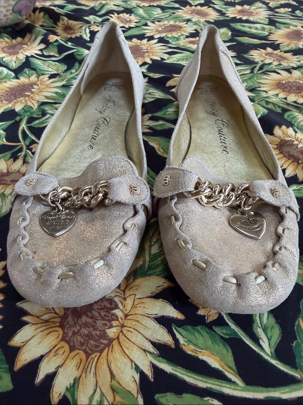 Juicy Couture Metallic Gold Moccasin Flats with Chain & Heart Charm